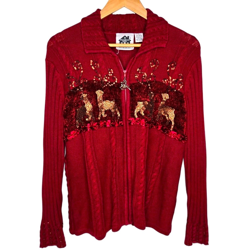 Vintage Storybook Knits Sweater Women’s Sequin Reindeer Cable Knit Cardigan M
